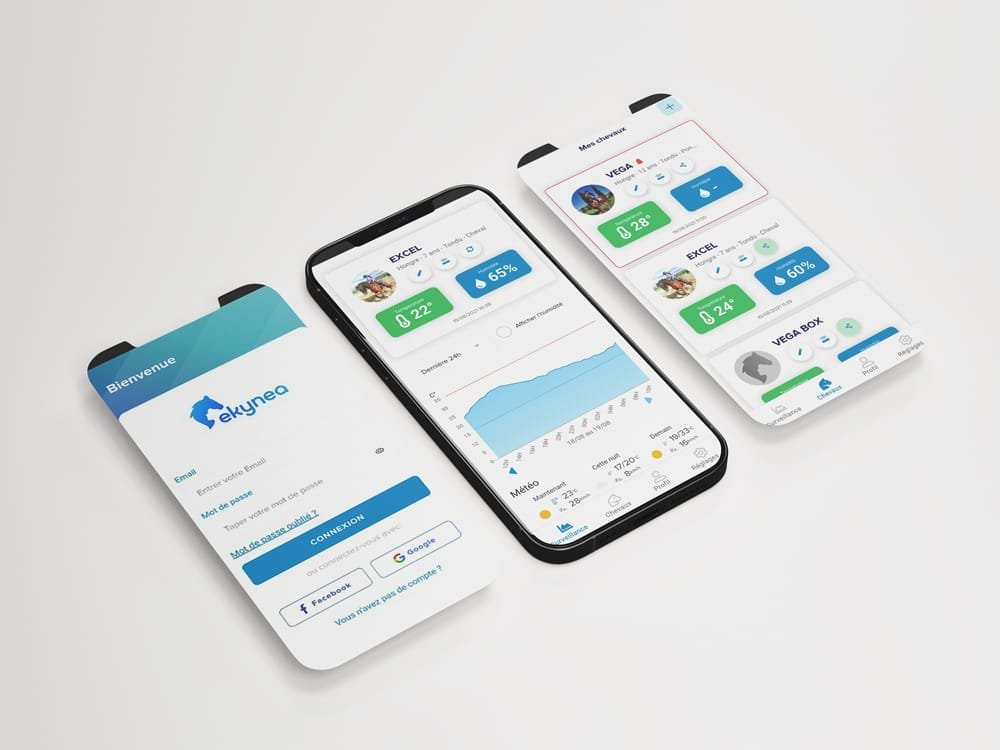 ecrans application ekynea capteur ekycomfort pages de l'application mobile Ekynea pour le capteur connecté EkyComgort pour cheval
